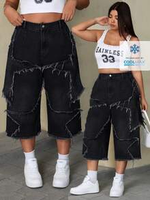SHEIN ICON 大码夏季街头风毛边斜插口袋宽松牛仔裤 - 黑色 - 查看 1