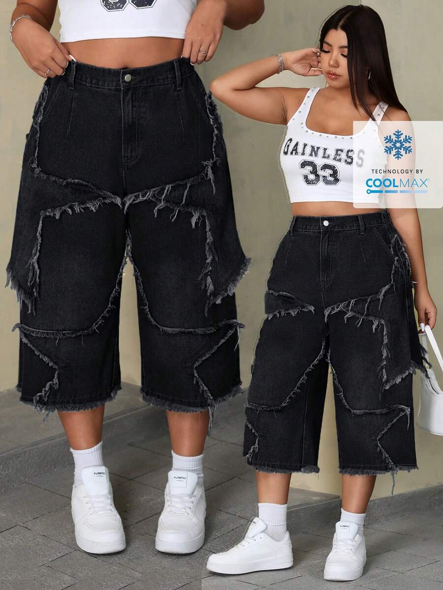 SHEIN ICON 大码夏季街头风毛边斜插口袋宽松牛仔裤 - 黑色 - 查看 1