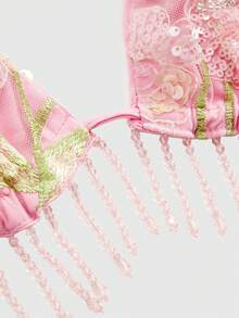 ROMWE Avant Women's Vacation Style Romantic Beaded Embroidered Tassel Halter Neck Sexy Bikini Top - Pink - View 4