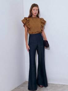 Nöista Blusa a cuadros rosa con mangas de volantes. Presenta mangas de volantes con volantes, un cuello alto y un estampado a cuadros, creando un estilo dulce y retro. Tiene un fuerte sentido del estilo y es perfecto para el uso en primavera y verano. Es un artículo versátil y práctico para vacaciones y ocasiones casuales. - Naranja - Ver 4
