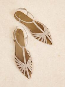Rosivie Giày sandal đế bằng mũi nhọn màu hồng dành cho nữ, thiết kế quai chữ T rỗng, gót thấp thoải mái, kiểu dáng retro mùa hè, thích hợp đi biển hoặc đi làm. - Bột nhung - Xem 3