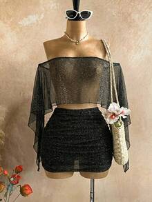 Nuevo conjunto sexy de fiesta con parte superior suelta asimétrica de hombro con lentejuelas doradas transparentes y falda mini fruncida de cintura baja, estilo bohemio, de vacaciones, vintage, para la playa, crucero - Negro - Ver 3
