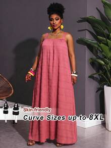 SHEIN CURVE+ 大码曲线/秋季服装/女士秋季服装/女士冬季服装/冬季服装大码纯色褶皱细节休闲吊带连衣裙，适合生日派对、毕业典礼、学生装、日常休闲、度假等场合。 - 玫瑰紅 - 查看 3
