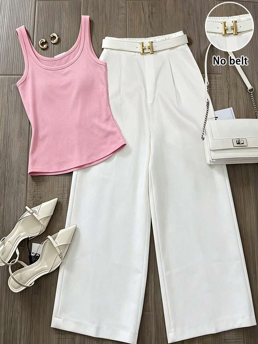 Airaco Set de 2 piezas: Top ajustado acanalado rosa + Pantalones anchos de pierna ancha blancos fluidos, conjunto casual de verano para ir al trabajo - Multicolor - Ver 1