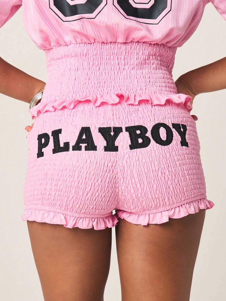 Missguided x Playboy Shirred Pink Hot Shorts With Ruffle Hem Detail And Brand Text Print , Summer Beach Festival Casual Wear, World Cup 2026 Sporty Game Streetwear Jersey