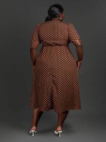 CurvyTilda Plus Size Polka Dot Print Twist Knot Casual Vacation Dress Elegant Summer, For Hourglass Body Shape - Coffee Brown - View 2