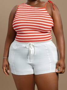 CurvyTilda Shorts de talla grande casuales y holgados con cordón, unicolor, shorts de algodón cómodos para primavera/verano, shorts con cordón blancos, para Body de reloj de arena - Blanco - Ver 1