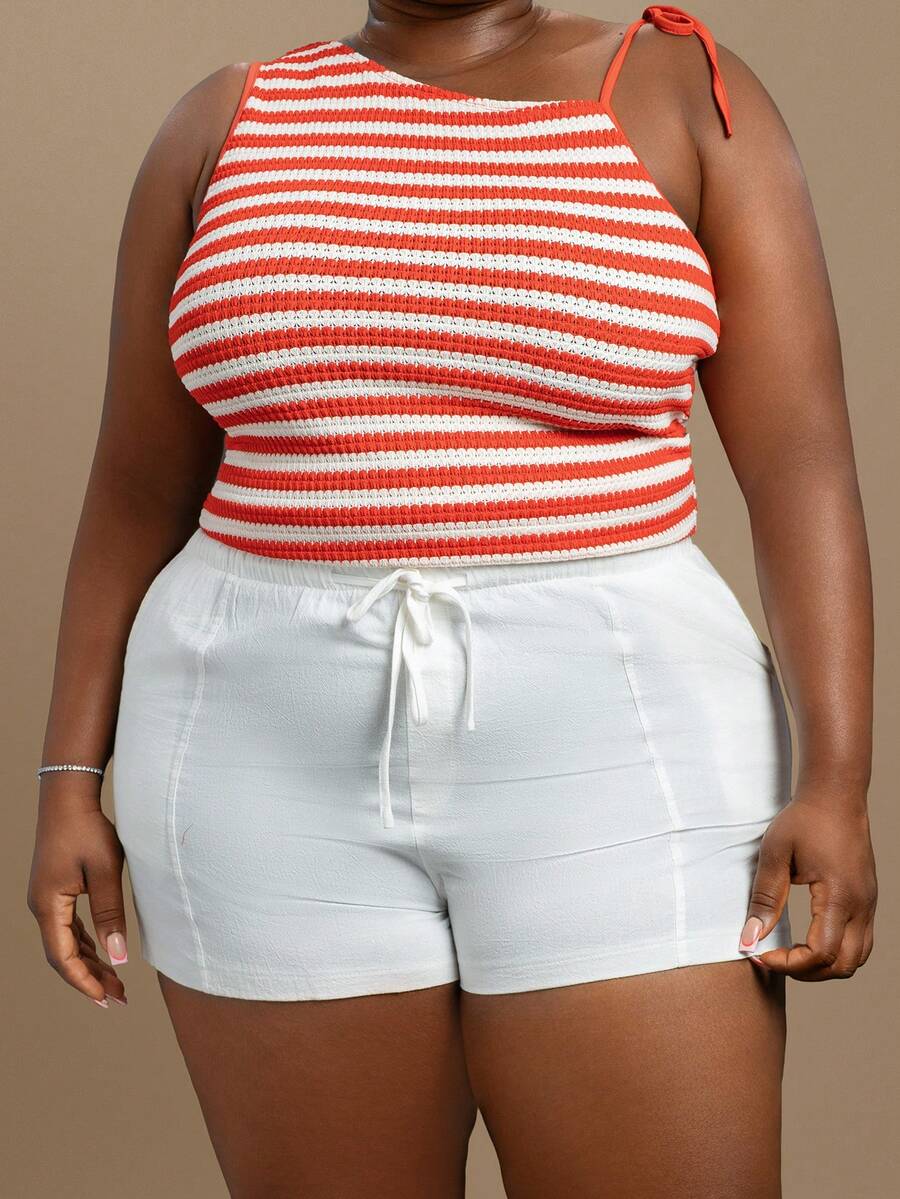 CurvyTilda Shorts de talla grande casuales y holgados con cordón, unicolor, shorts de algodón cómodos para primavera/verano, shorts con cordón blancos, para Body de reloj de arena - Blanco - Ver 1