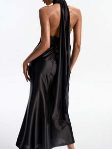 Livesso Vestido feminino de comprimento médio, primavera-verão, preto, para Dia de São Valentim, casamento, banquete, baile, gala, festa, moda, elegante, com atacadores, laço e bainha larga, para uso diário - Preto - Ver 6