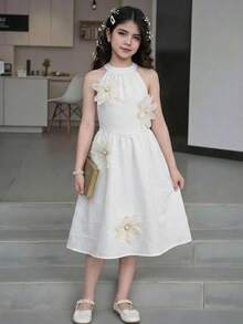 Elladie kids 少女米白色掛脖領洋裝，3D花卉裝飾珍珠點綴，紋理面料優雅夏季野餐風，仙氣收腰設計 - 白色 - 查看 8