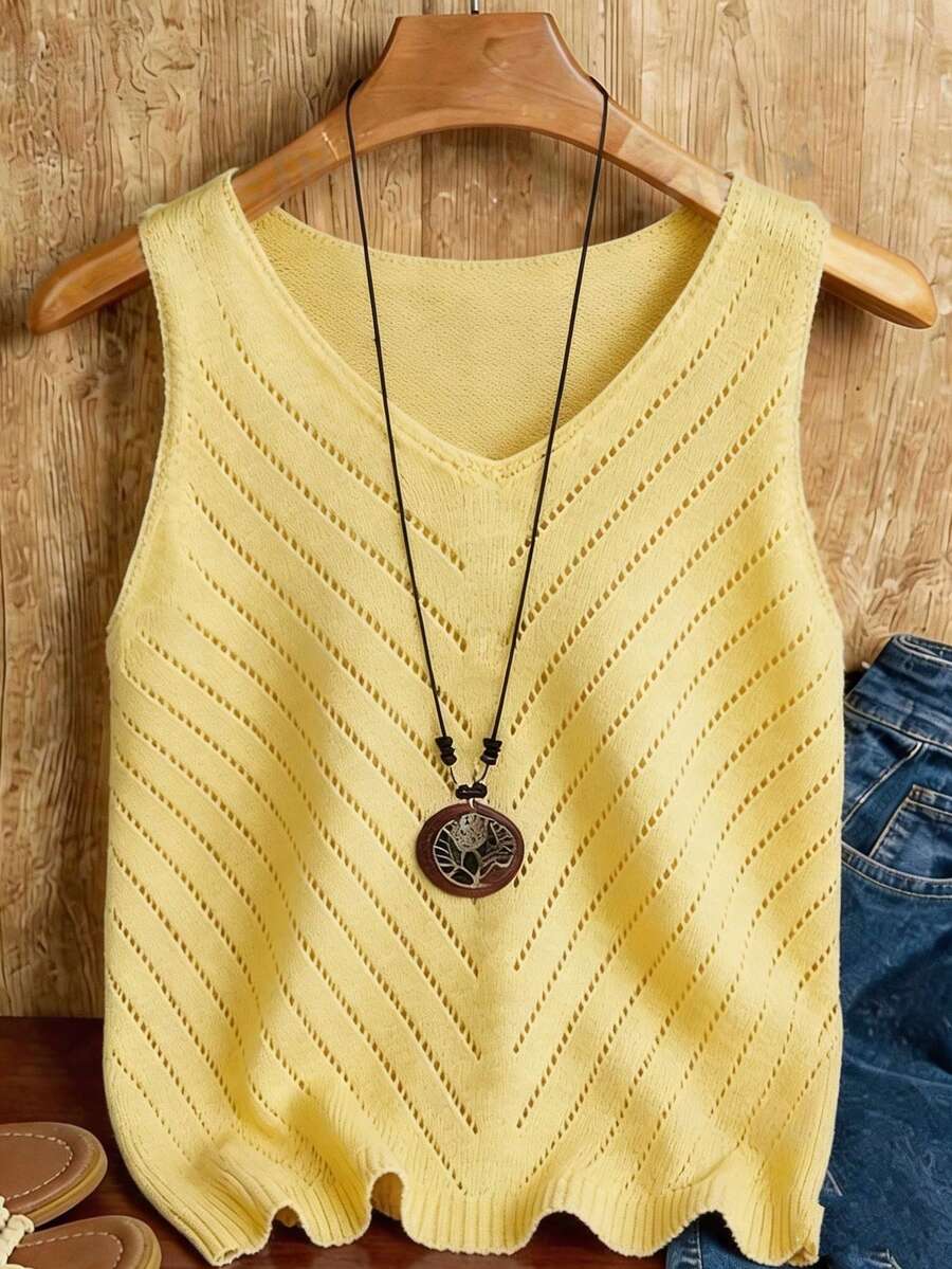EMERY ROSE Blusa de punto de malla de unicolor con cuello en V para mujer, estilo casual de verano - Amarillo - Ver 1