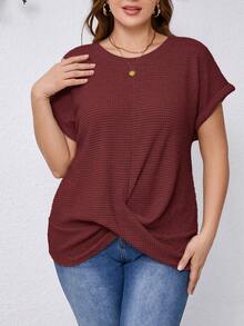 SHEIN Clasi Kaos Lengan Pendek Kasual Ukuran Besar Warna Polos Kerah Bulat dengan Detail Lipatan, Musim Panas - Burgundy - View 4