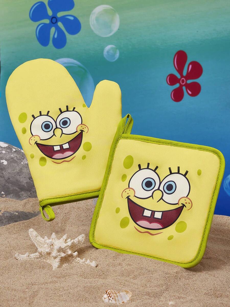 JAWS X SHEIN SpongeBob SquarePants | SHEIN 1/2 PC Bộ cách nhiệt in hoạt hình dễ thương, Găng tay lò nướng/Thảm cách nhiệt, Một vật dụng cần thiết cho nướng bánh trong bếp, Cách ly hiệu quả các nguồn nhiệt, Đơn lẻ/Kết hợp - Xem 1