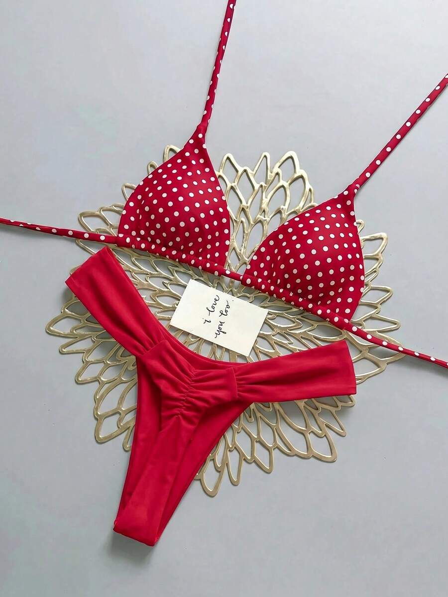 Swim Mod 26SS Spring/Summer Vacation Beach Polka Dot Cute Bikini Set - Red - View 1