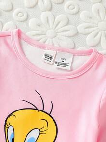 LOONEY TUNES X SHEIN GraphicGems 少女 Tweety Bird 圖案貼身短袖短褲睡衣套裝，春/夏 - 粉色 - 查看 3