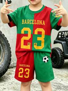 Conjunto de 2 piezas para niño pequeño, estilo deportivo casual versátil con top de manga corta suave con número 23 y pantalones cortos deportivos casuales de color en contraste, conjunto deportivo para niño, top para niño, estilo primavera/verano, ropa casual cómoda de verano - Multicolor - Ver 4