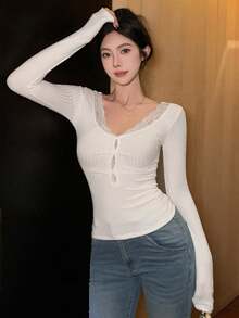 DAZY Women's V-Neck Lace Patchwork Long Sleeve Simple T-Shirt For Casual Everyday Wear,Fall Clothes - White - View 2