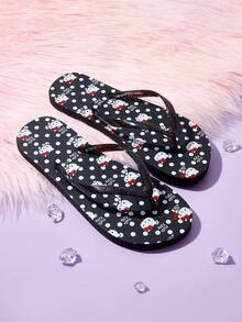 HELLO KITTY AND FRIENDS | SHEIN 女款夾腳拖鞋，可愛童趣印花搭配亮片透明鞋帶，打造經典趣味造型，適合夏季旅遊與春季休閒旅行 - 曜石黑 - 查看 2