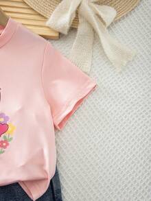 Conjunto de camiseta de manga corta con cuello redondo y estampado de mariposas + pantalones cortos vaqueros con cintura elástica y estampado de mariposas, estilo casual y dulce para uso diario de niñas - Rosa - Ver 7