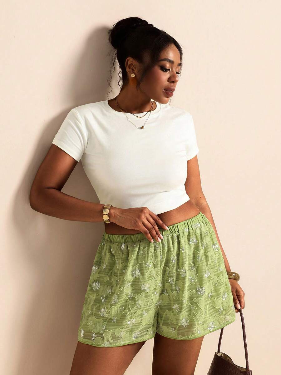 Elaquor Plus Size Sequin Patchwork Embroidered Elastic Waist Loose Summer Shorts Green Short For Women Casual Vacation Going Out Short For Women - Green - View 1