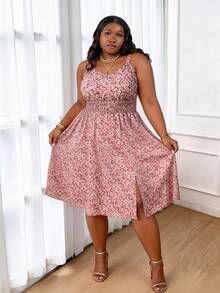 CurvyTilda Plus Size Ditsy Floral Sleeveless Casual Midi Dress, Summer Outfits For Women, Sun Dress For Women Elegant Vacation, For Hourglass Body Shape - Pink - View 4
