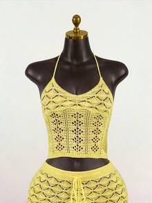 SaltGleam SaltGleam Setelan 2 Potong Atasan Tank Top Rajut Halter Transparan dan Rok Rajut dengan Tali Pinggang untuk Wanita - Kuning muda - View 5