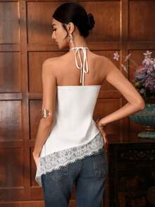 SHEIN BASICS Áo kiểu nữ cổ yếm phối ren tương phản - trắng - Xem 2