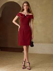 MOTF PREMIUM ELEGANT OFF SHOULDER CONTRAST COLOR DRESS FOR WEDDING PARTY - Burgundy - View 5
