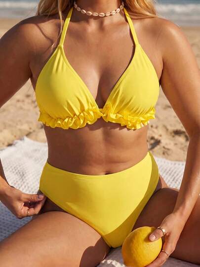 Swim Mod Áo bikini hai mảnh màu vàng óng ánh, viền bèo nhún, kiểu dáng yếm, thích hợp cho bãi biển, tiệc bể bơi, kết hợp với quần bơi.
