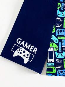 Bañadores para niños talla grande, con estampado de elementos de videojuegos, diseño de patchwork, adecuado para vacaciones, piscina, playa, parque acuático - Azul - Ver 5