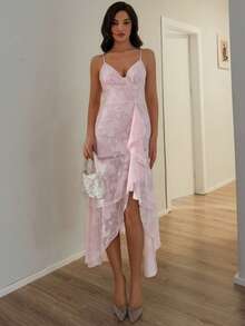 SHEIN Allurite Summer European And American Sweet Lolita Elegant Romantic Style Spaghetti Strap Multi-Layer Asymmetrical Patchwork Fishtail Pink Mesh Jacquard Dress - Pink - View 3