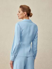 MOTF PREMIUM MINIMALIST ELEGANT LINEN WAIST METAL BUCKLE DECOR SHIRT, SPRING/SUMMER - Blue - View 3