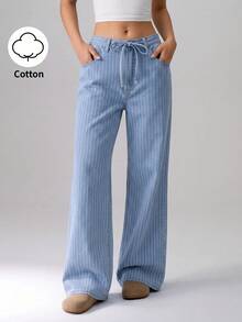 TRNVIE Quần jeans nữ dáng rộng, kẻ sọc, có dây rút ở eo và đai quần. - Rửa nhẹ - Xem 4