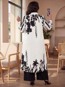 Auveirra Plus Size Women's Spring/Autumn Casual Vacation Style Floral Print Lantern Sleeve Curved Hem Extra Long Shirt And Wide Leg Loose Pants 2 Elegant - Multicolor - View 2