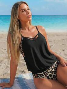 Breezaya 豹紋 2 合 1 女款細肩帶比基尼套裝，海灘度假風，美學風格 - 彩色 - 查看 5
