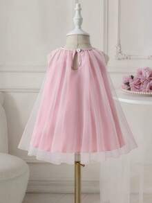 SHEIN Glamorique Kids 女婴甜美梦幻粉色网纱连衣裙，饰有精致可爱的3D蝴蝶结，适合外出、度假、各种场合的拍照，夏季连衣裙，夏季服装 - 粉色 - 查看 5