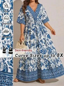 SHEIN CURVE+ 大码女式蓝白碎花短袖连衣裙，夏季休闲连衣裙，沙滩裙，复活节连衣裙，西部风连衣裙，波西米亚风，嬉皮风，牛仔连衣裙，波西米亚风，夏季连衣裙，复活节连衣裙，春假连衣裙，碎花连衣裙，伊比沙岛风，沙滩裙/波西米亚复古沙滩裙，沙滩长裙，度假 - 藍白色 - 查看 8