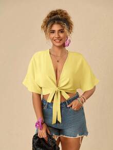 Travachic Plus Size Summer Minimalist Solid Color Front Knot Batwing Sleeve Shirt - Light Yellow - View 3