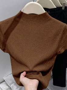 Resyla Women's Solid Color Casual Versatile Knit Top For Daily Wear - Brown - View 2