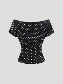 SHEIN Tall 甜美辣妹風黑白波點船領彈性修身短袖時尚百搭夏季新款女款T恤 - 黑與白 - 查看 2