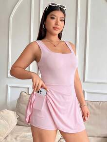 GalTyme 大码女式无袖纯色口袋连体衣 - 淺粉色 - 查看 3