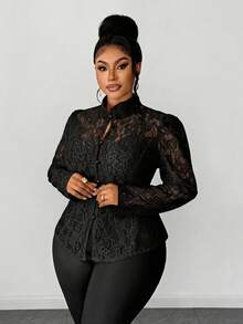 Maweii Plus Size Sexy Sheer Lace Front Button Long Sleeve Shirt, Summer - Black - View 4