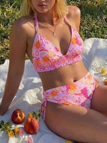 SHEIN Swim Plus Size Swimwear Women Over 200lbs, Cerise Pink Two-Piece Bikini With Halter, High Waist, Purple Sunflower Print, Summer Boho Beach Vacation Holiday - Pink - View 5