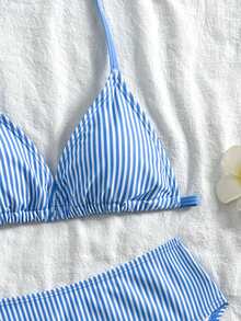SHEIN Tween Girls Striped & Floral Print Tankini Swimsuit Set, Summer Holiday - Blue and White - View 4