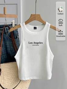 Tseoso Áo tank top nữ dáng ôm, cổ tròn, in chữ, phong cách tối giản, thích hợp cho mùa hè. - trắng - Xem 1