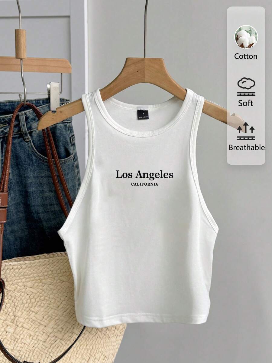 Tseoso Áo tank top nữ dáng ôm, cổ tròn, in chữ, phong cách tối giản, thích hợp cho mùa hè. - trắng - Xem 1