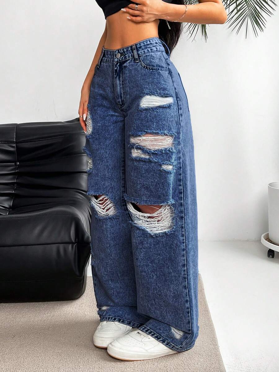 Jeanoix 大码女式宽松破洞口袋阔腿休闲牛仔裤 - 深色水洗藍 - 查看 1