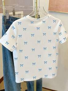 Tween Girls' Casual Minimalist Blue Big Bow Print Short Sleeve Round Neck T-Shirt, Sweet & Cute, Fashionable, Suitable For Summer Daily Wear - Multicolor - View 2