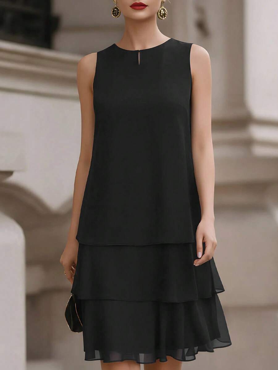 Velvienne Plus Size Sheer Chiffon Layered Hem Elegant Sleeveless Dress For Women - Black - View 1