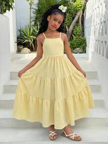 Tween Girls' Vacation Casual Ruffled Strap Backless Bowknot Dress, Summer Beach Holiday Dress Yellow, Vacation, Bow - Multicolor - View 3